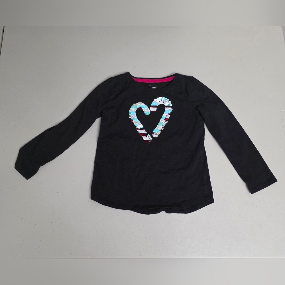Black Long Sleeve Kids Shirt with Sequin Color Changing Candy Cane Heart Design